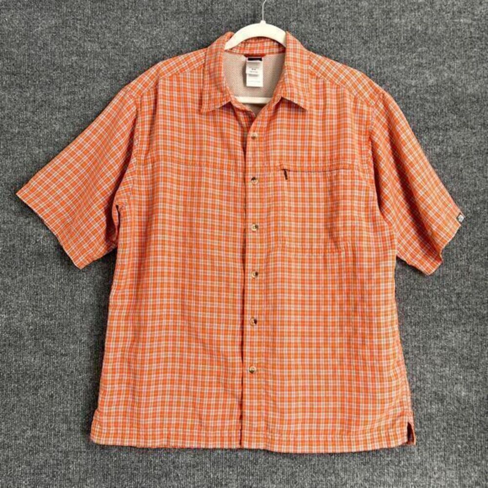 North Face Mens Short Sleeve Button Up Shirt Size M Orange Plaid Hiking Gorpcore